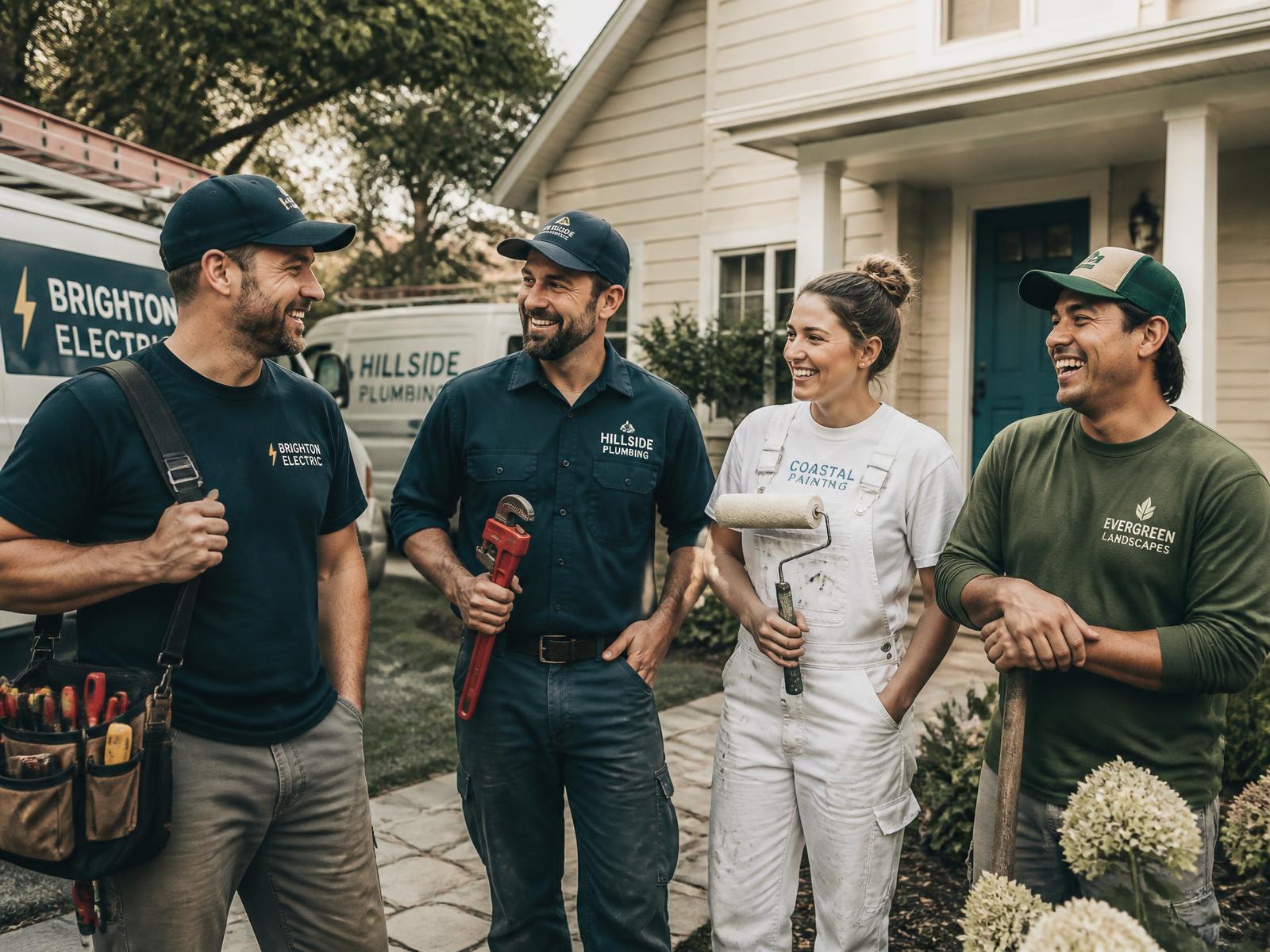 Local plumber, electrician, painter and landscaper outside a home